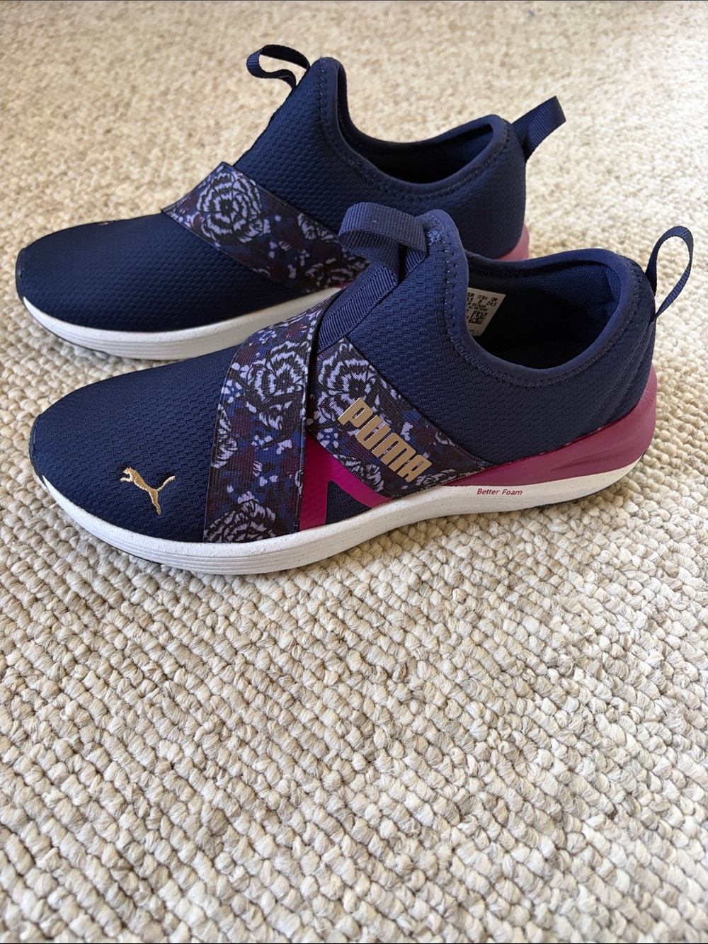 NIB! Puma Navy Floral-Accent Slip-On Sneakers with Pink NO TIE - Picture 2 of 14
